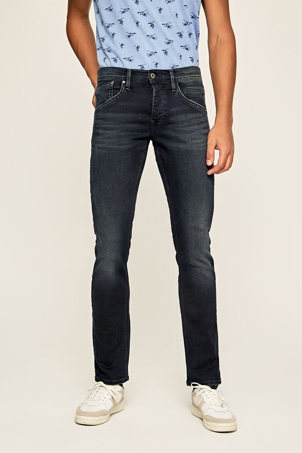 Pepe Jeans London, Blugi cu aspect decolorat, Bleumarin inchis