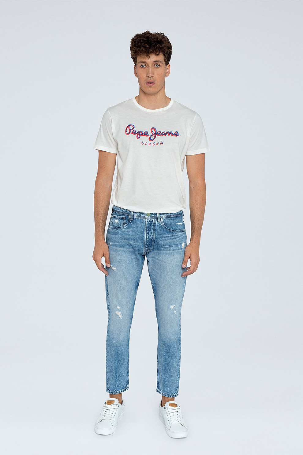 Pepe Jeans London, Blugi crop cu croiala conica si detalii cu aspect deteriorat Callen, Bleumarin/Alb prafuit