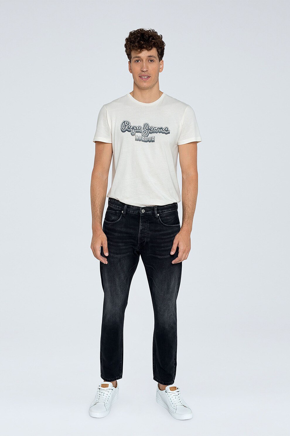 Pepe Jeans London, Blugi crop relaxed fit Callen, Negru/Alb prafuit