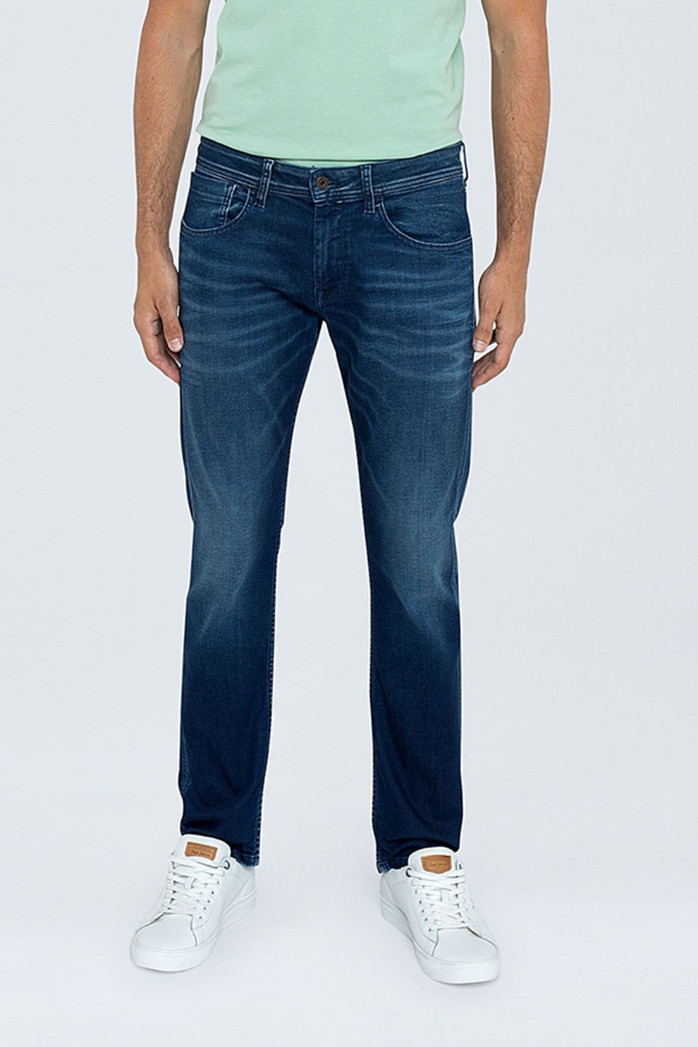 Pepe Jeans London, Blugi cu croiala dreapta si detalii cu aspect decolorat, Bleumarin inchis