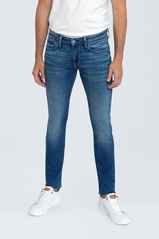 Pepe Jeans London, Blugi slim fit cu aspect decolorat, Albastru/Bleumarin inchis Pepe Jeans London, Blugi slim fit cu aspect decolorat, Albastru/Bleumarin inchis