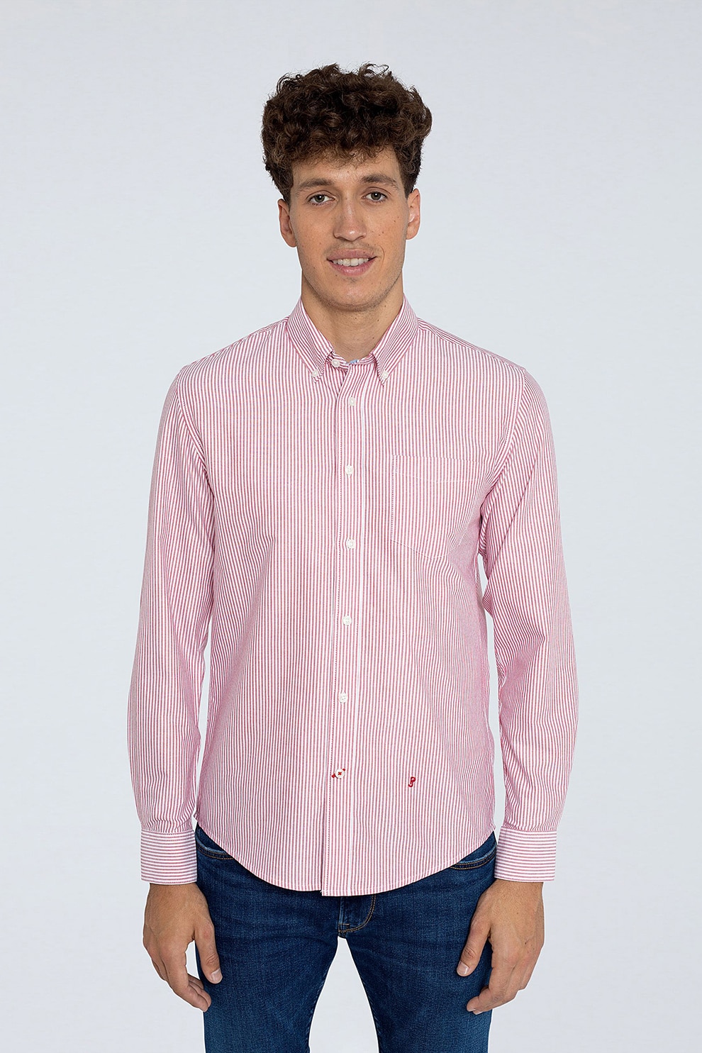 Pepe Jeans London, Camasa Oxford cu model in dungi, Rosu stins/Alb