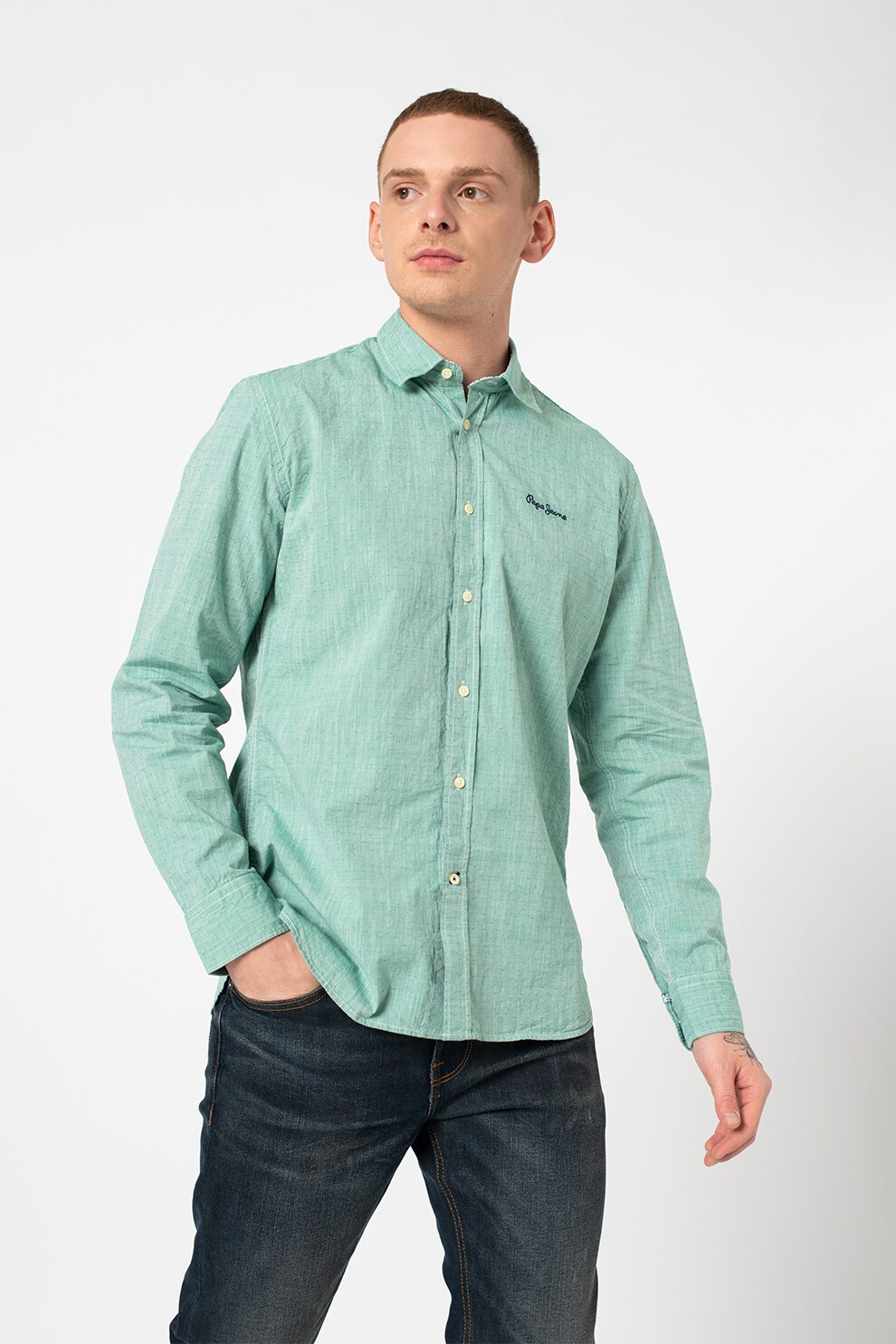 Pepe Jeans London, Camasa regular fit cu guler ascutit Lance, Verde persan