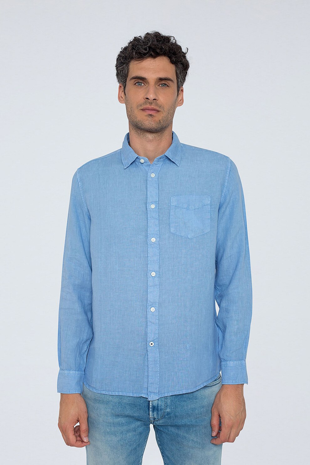 Pepe Jeans London, Camasa regular fit din in cu buzunar pe piept, Albastru