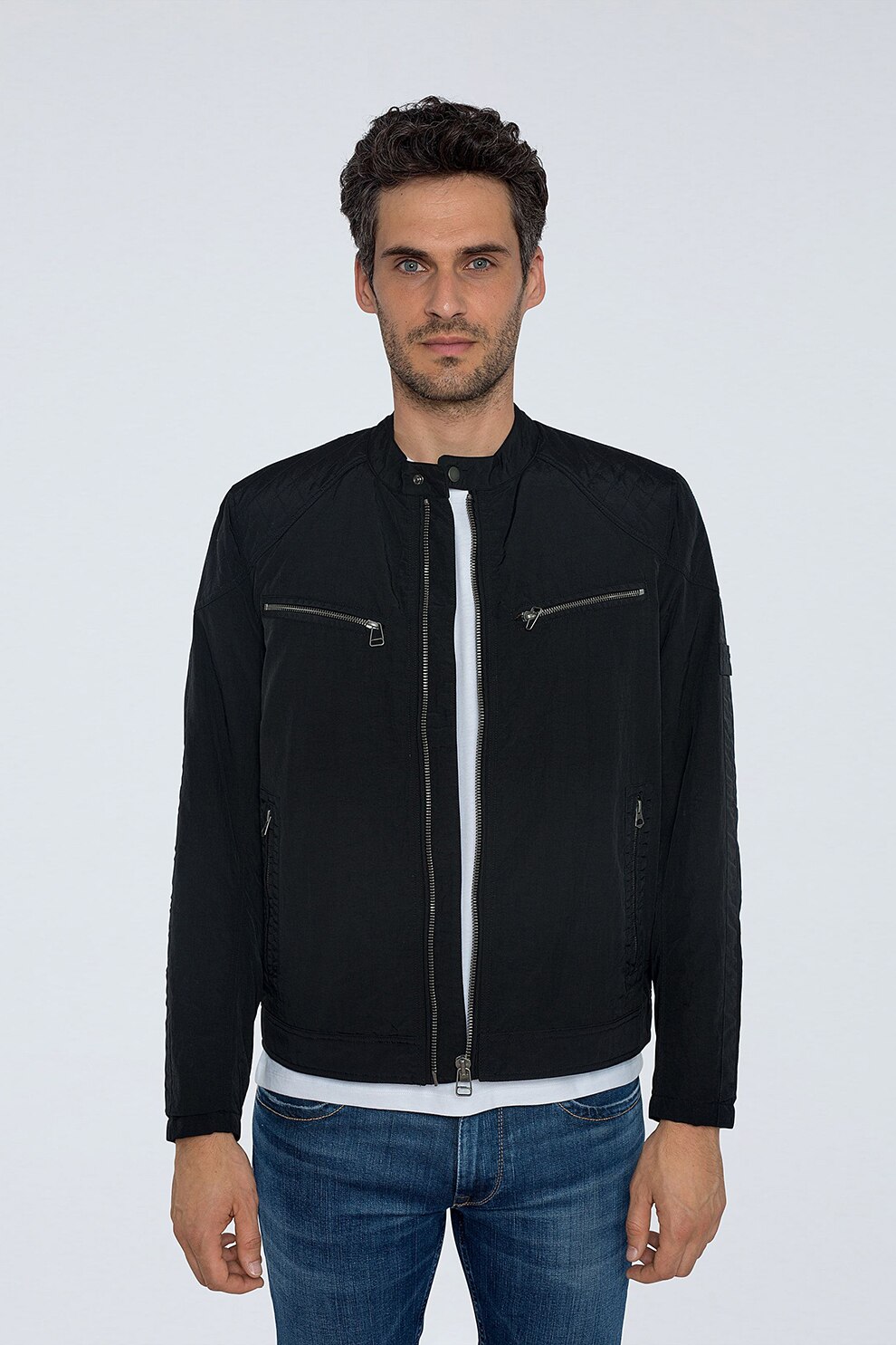 Pepe Jeans London, Jacheta radford din material textil, cu buzunare, Negru