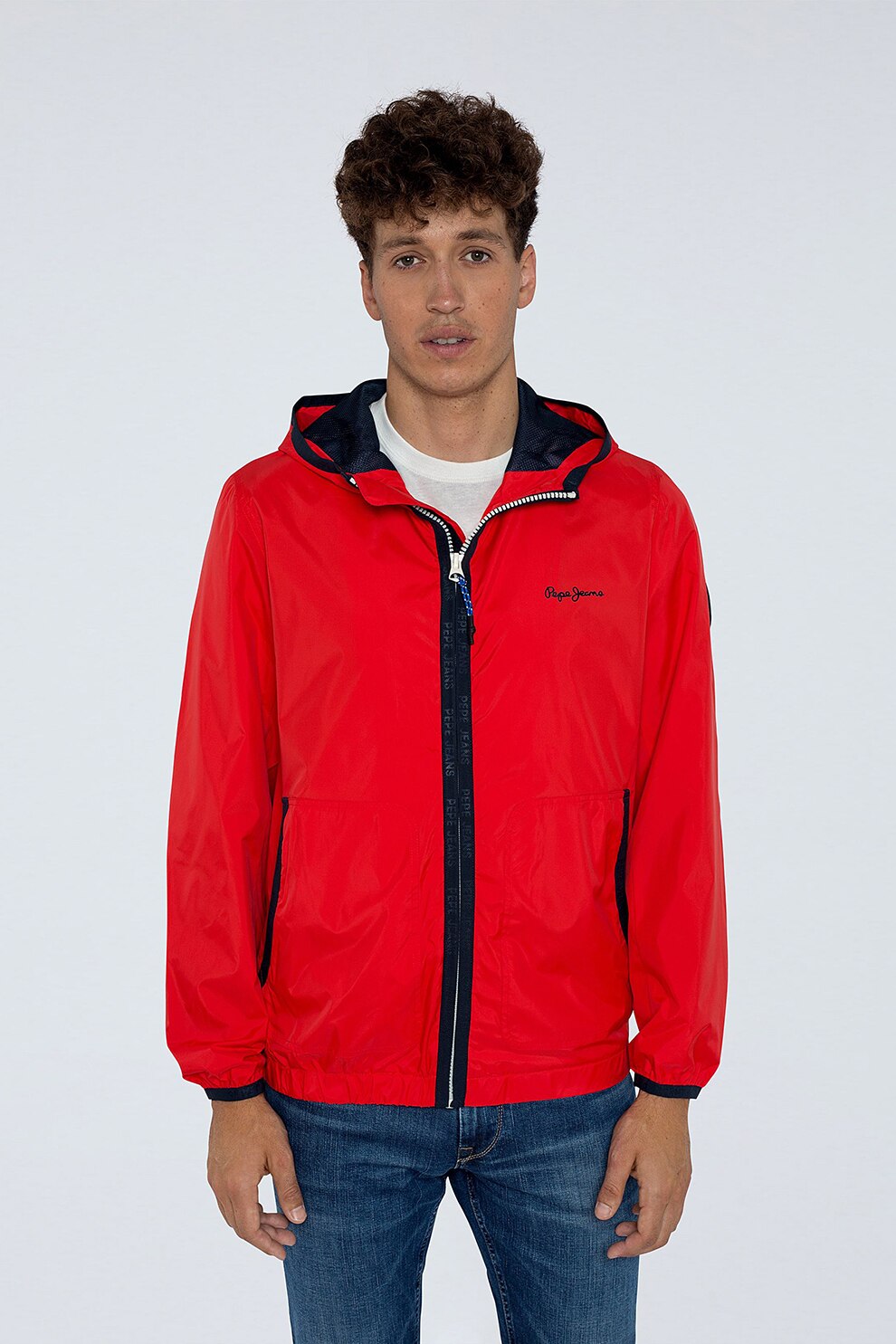 Pepe Jeans London, Jacheta usoara cu gluga, Rosu/Bleumarin