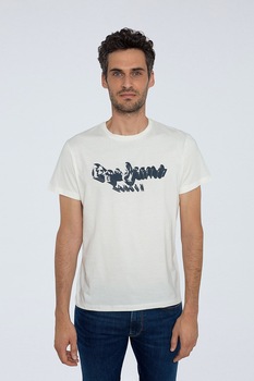 Pepe Jeans London, Tricou cu decolteu la baza gatului si imprimeu logo 5, Alb prafuit/Bleumarin, XL Pepe Jeans London, Tricou cu decolteu la baza gatului si imprimeu logo 5, Alb prafuit/Bleumarin, XL