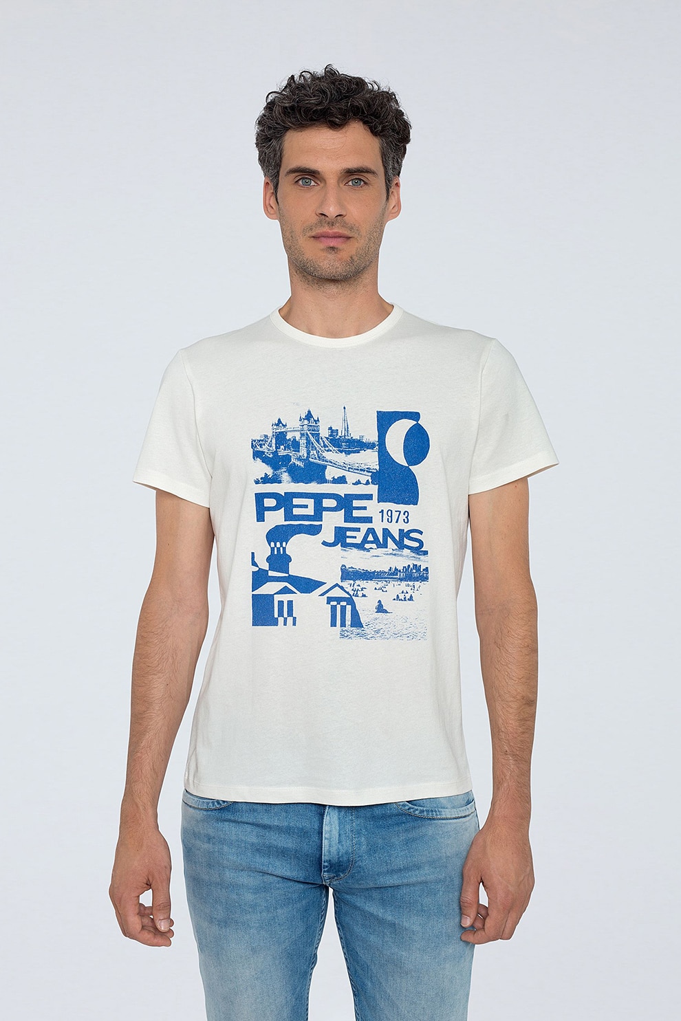 Pepe Jeans London, Tricou regular fit cu model logo si grafic, Alb/Albastru royal
