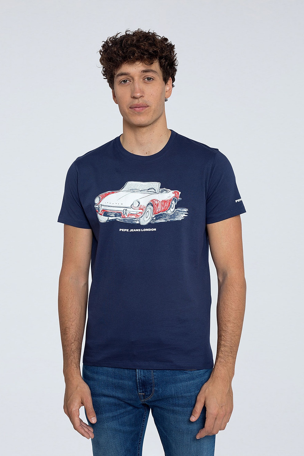 Pepe Jeans London, Tricou cu decolteu la baza gatului si imprimeu grafic, Bleumarin/Alb/Corai, 2XL