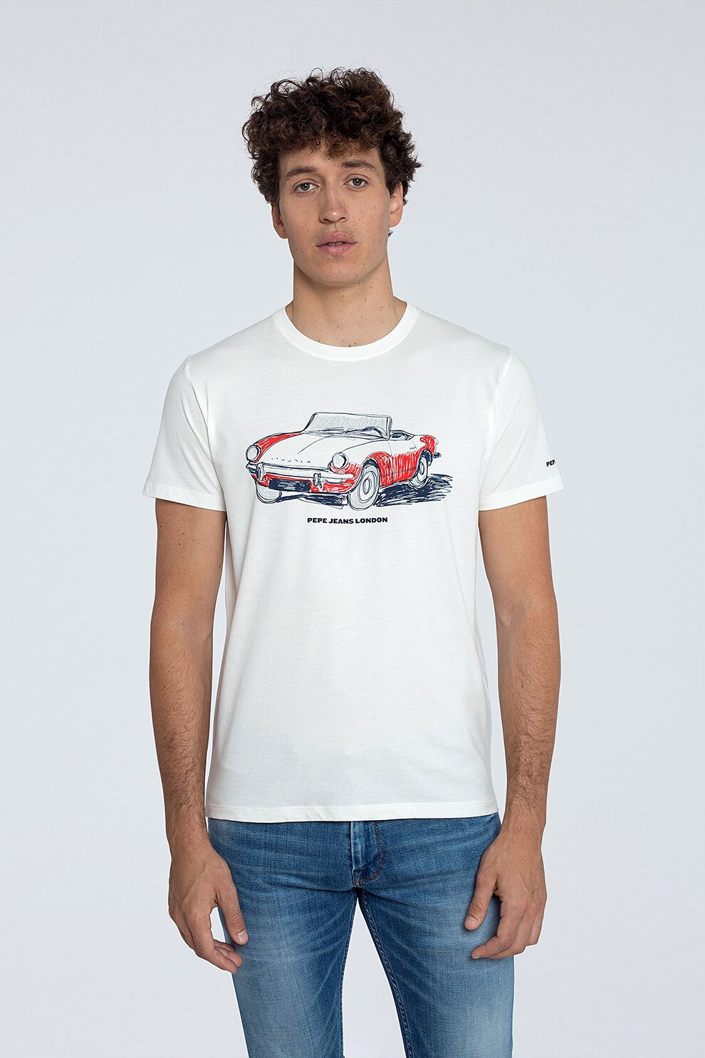 Pepe Jeans London, Tricou cu decolteu la baza gatului si imprimeu grafic, Alb optic/Rosu/ALbastru inchis, 2XL