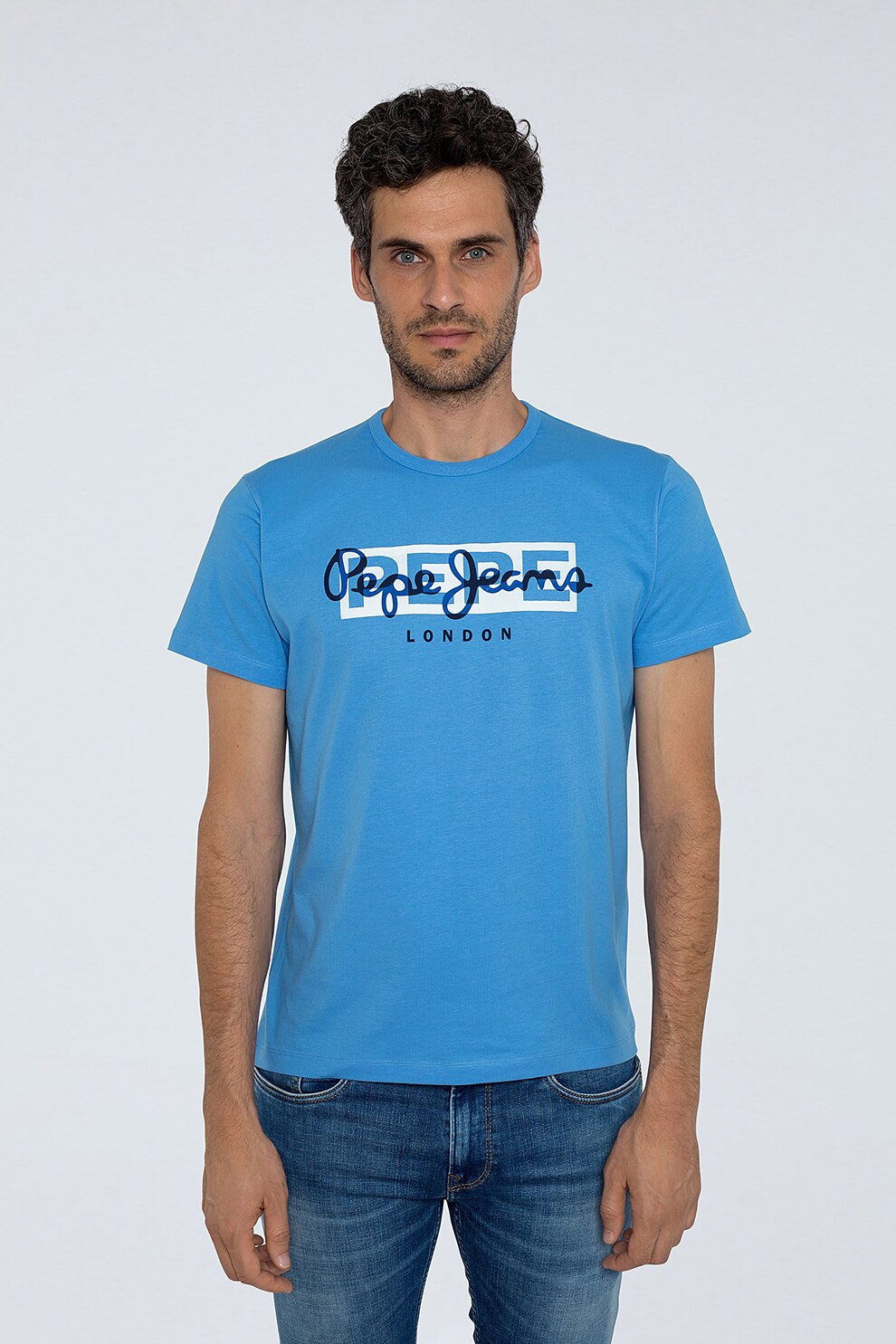Pepe Jeans London, Tricou cu imprimeu logo Godric, Bleu/Alb optic