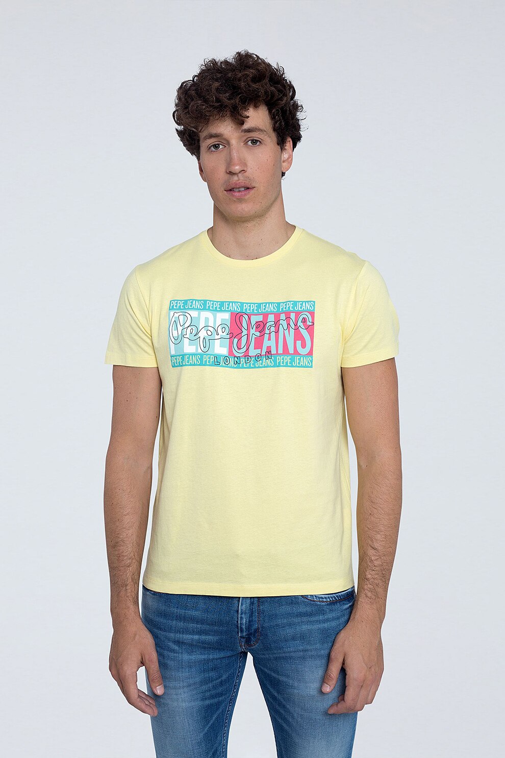 Pepe Jeans London, Tricou regular fit cu imprimeu logo, Galben/Turcoaz/Roz