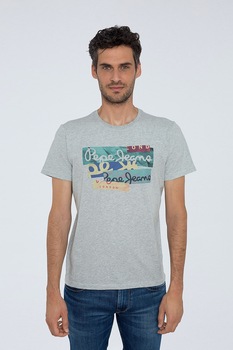 Pepe Jeans London, Tricou cu decolteu la baza gatului si imprimeu logo 2, Gri melange/Verde/Albastru, 2XL Pepe Jeans London, Tricou cu decolteu la baza gatului si imprimeu logo 2, Gri melange/Verde/Albastru, 2XL