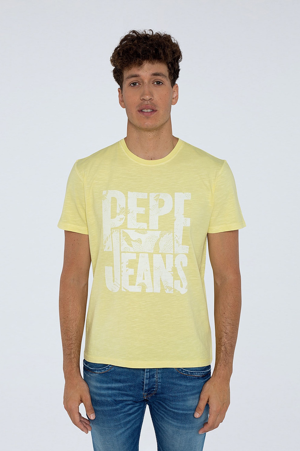 Pepe Jeans London, Tricou cu imprimeu logo supradimensionat, Galben/alb optic