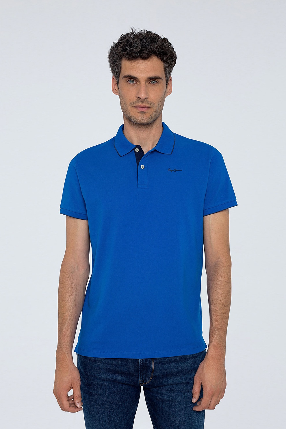 Pepe Jeans London, Tricou de bumbac cu logo brodat Lucas, Albastru royal