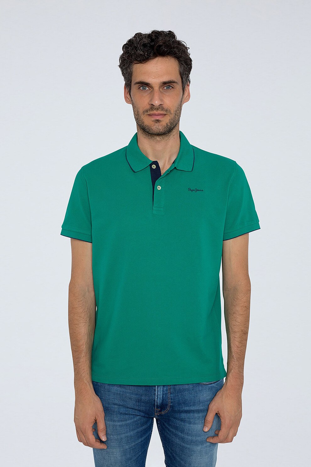 Pepe Jeans London, Tricou de bumbac cu logo brodat Lucas, Verde englez