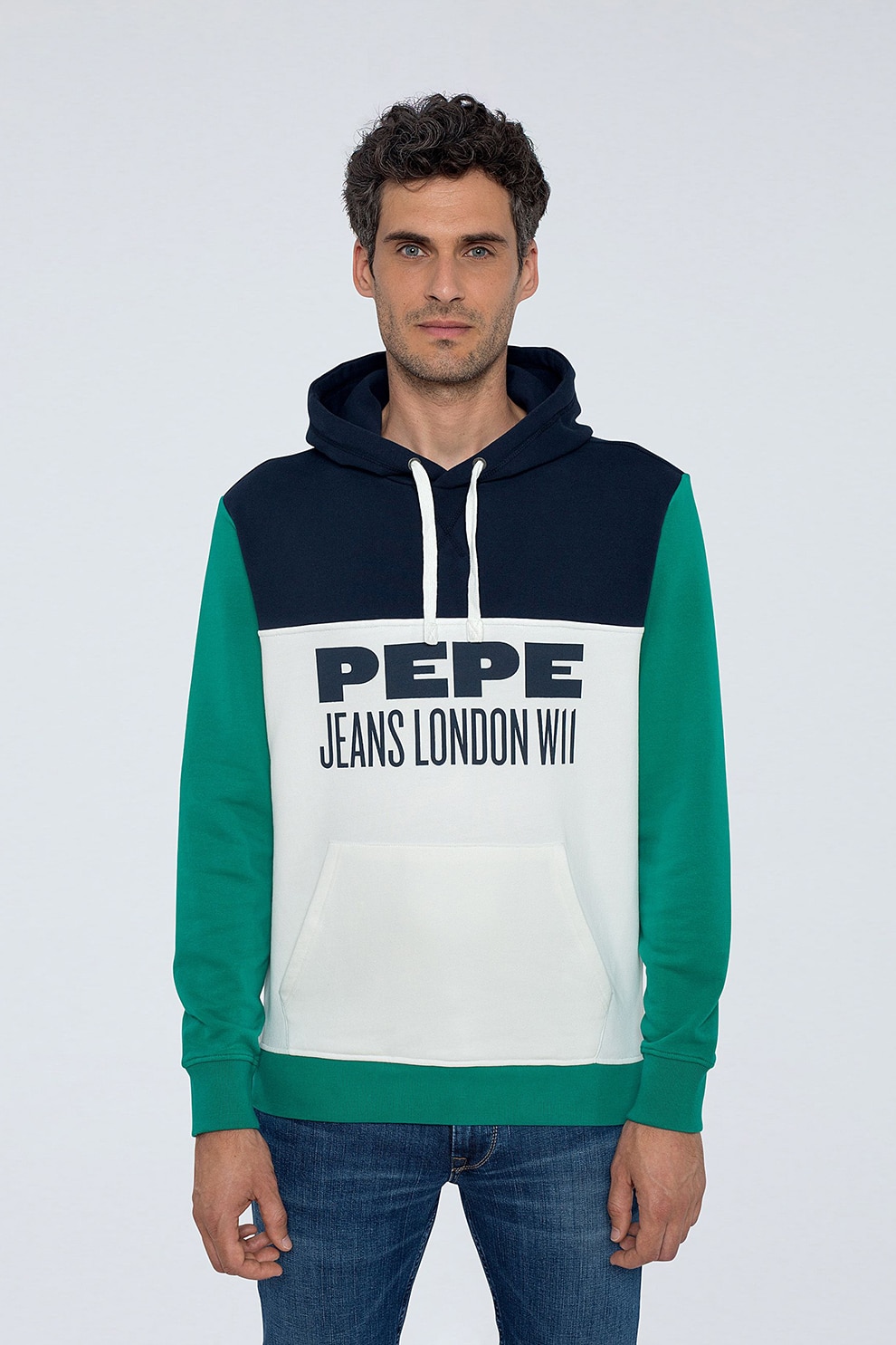 Pepe Jeans London, Hanorac cu model colorblock si buzunar kangaroo, Verde/alb/bleumarin inchis, S