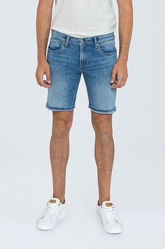 Pepe Jeans London, Bermude din denim cu aspect decolorat, Bleumarin/Albastru inchis Pepe Jeans London, Bermude din denim cu aspect decolorat, Bleumarin/Albastru inchis