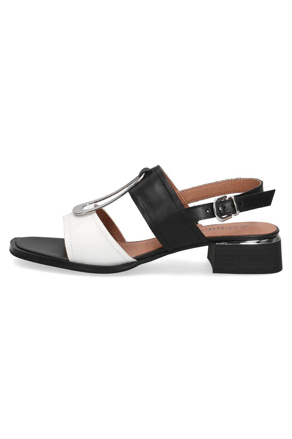 Caprice, Sandale slingback de piele cu accesoriu metalic, Alb/Negru, 40