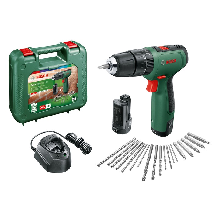 Bosch Akkus EasyImpact 1200 Ütvefúró-csavarozó, 12V, 1.5ah, 2 sebesség, 2 akkuval, 12 részes fúrószár-és bitkészlet