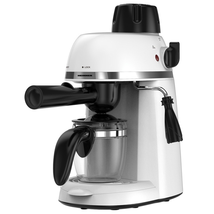 Espressor manual Heinner Kopy 350WH HEM-350WH, 800W, 3.5 bar, capacitate rezervor 0.24l, optiuni preparare: espresso si cappuccino, Alb