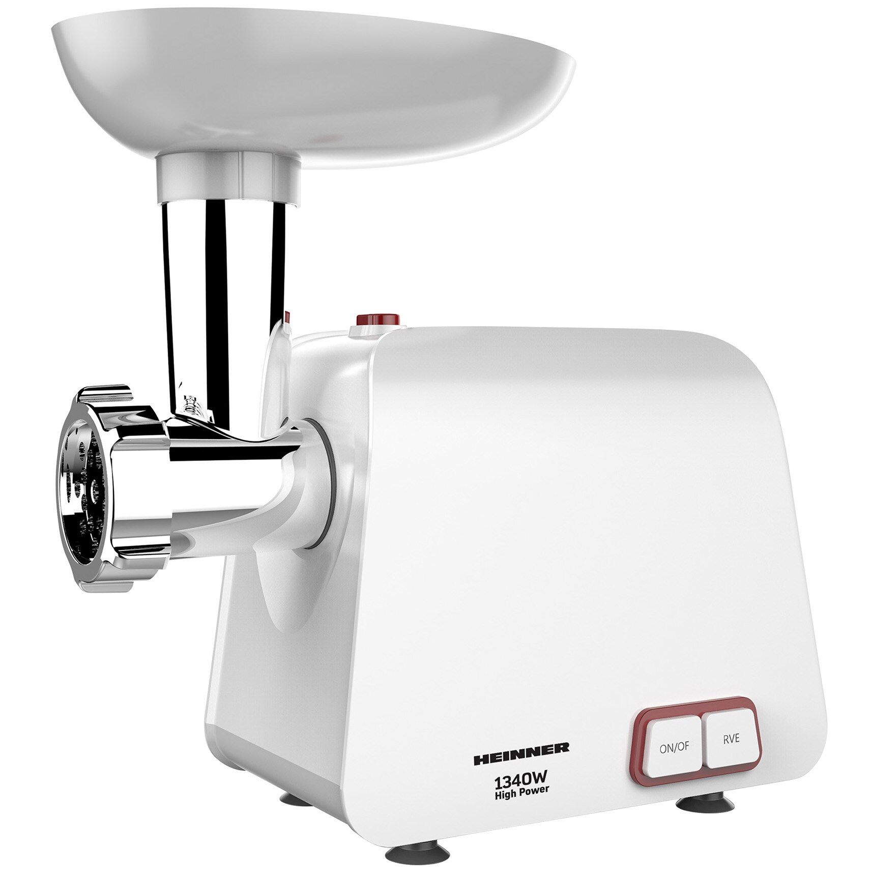 Masina de tocat Heinner Pearl 1340 MG-1340WH, 1340 W, accesoriu de rosii si carnati, cutit din inox, functie Reverse, 2 site de tăiere, capacitate de tocare 1,2 kg/min, Alb