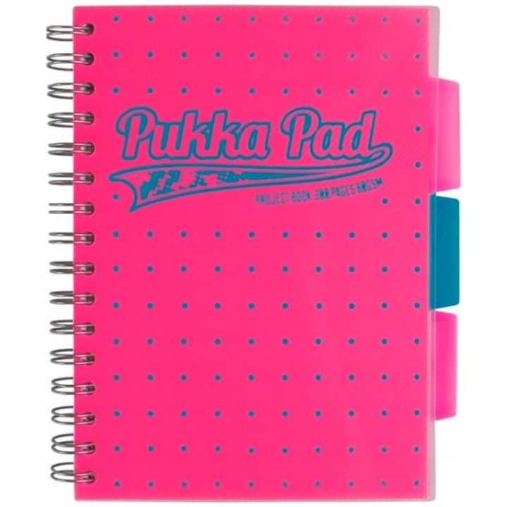 Caiet cu spirala si separatoare Pukka Project Book Neon Dots A5 roz