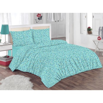 Set lenjerie de pat (cearsaf + husa pilota + 2 huse perne) pentru pat de dimensiuni 160x200 cm, 132TC, 100% bumbac, imprimeu buline, turcoaz Set lenjerie de pat (cearsaf + husa pilota + 2 huse perne) pentru pat de dimensiuni 160x200 cm, 132TC, 100% bumbac, imprimeu buline, turcoaz