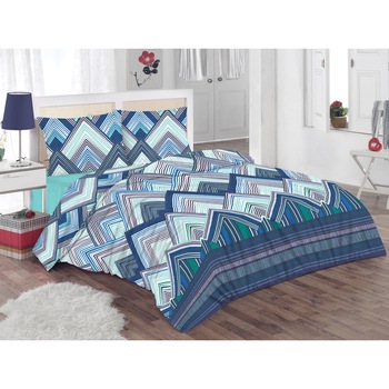 Set lenjerie de pat (cearsaf + husa pilota + 2 huse perne) pentru pat de dimensiuni 160x200 cm, 132TC, 100% bumbac, imprimeu geometric, multicolor Set lenjerie de pat (cearsaf + husa pilota + 2 huse perne) pentru pat de dimensiuni 160x200 cm, 132TC, 100% bumbac, imprimeu geometric, multicolor