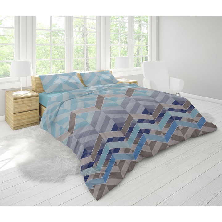 Спален комплект (чаршаф + плик за завивка + 2 калъфки за възглавница) за легло с размери 160x200 см, 132TC, 100% памук, Принт геометричен, Тюркоаз/Син/Сив