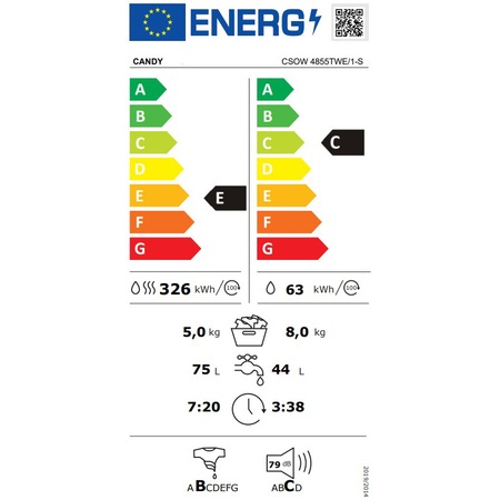 Masina de spalat rufe cu uscator Candy Smart Pro CSOW 4855/1-S, 8 kg spalare, 5 kg uscare, 1400 rpm, Clasa E, Wi-Fi, Mix Power Systems, Steam, Active Motion Systems, Alb