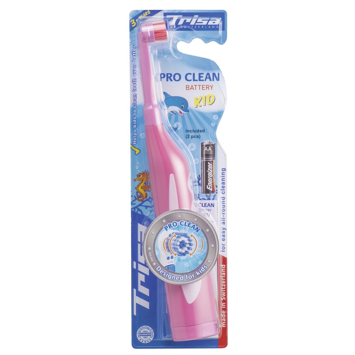 Periuta de dinti electrica Trisa Pro Clean Battery Kid, Culoare Roz, 6500 vibratii/min, 1 x baterie AA, Cod 649813