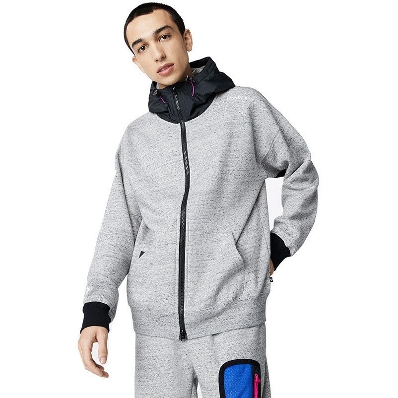Hanorac barbati Converse Mixed Media Full-Zip Hoodie, Gri
