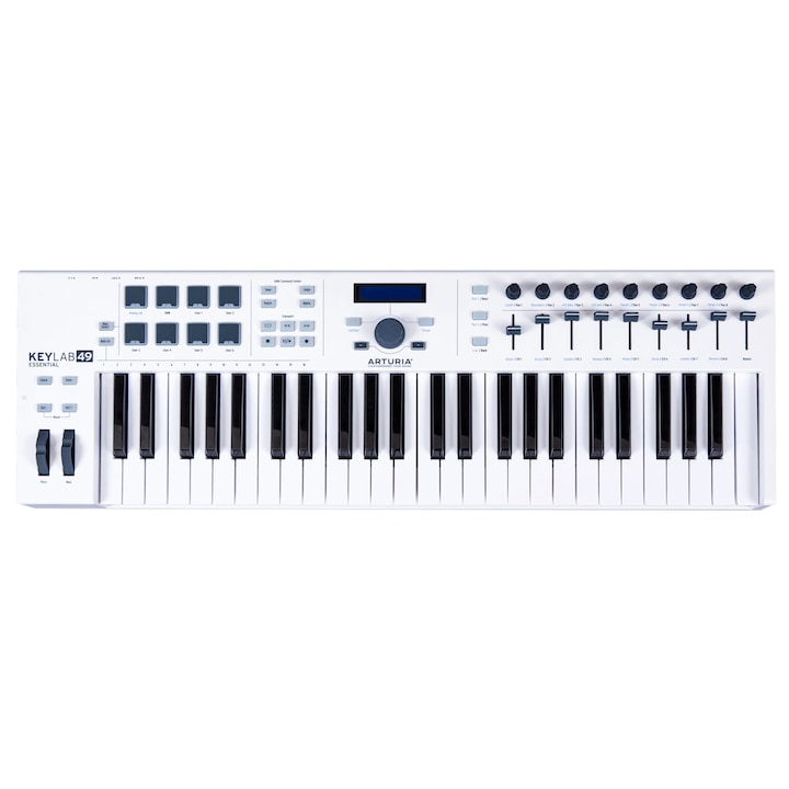 MIDI кийборд, KeyLab Essential 49, Arturia, Контролер, 49 клавиша, 9 енкодера, 9 фейдъра, 8 падове, DAW функционалност, Включен софтуерен пакет, Бял