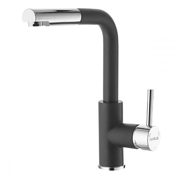 Кухненски смесител Alveus, гранитен, Siros-P, Изтеглящ се чучур, Въртящ се, Черен