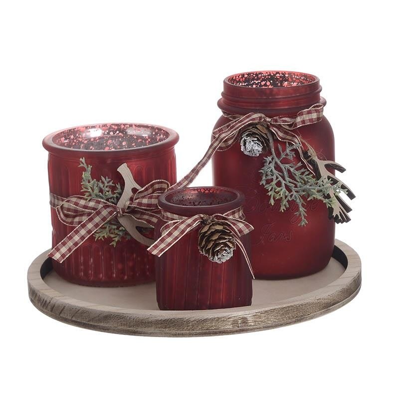 Set 4 piese suport lumanari, din sticla si lemn, rosu, 23X14 cm