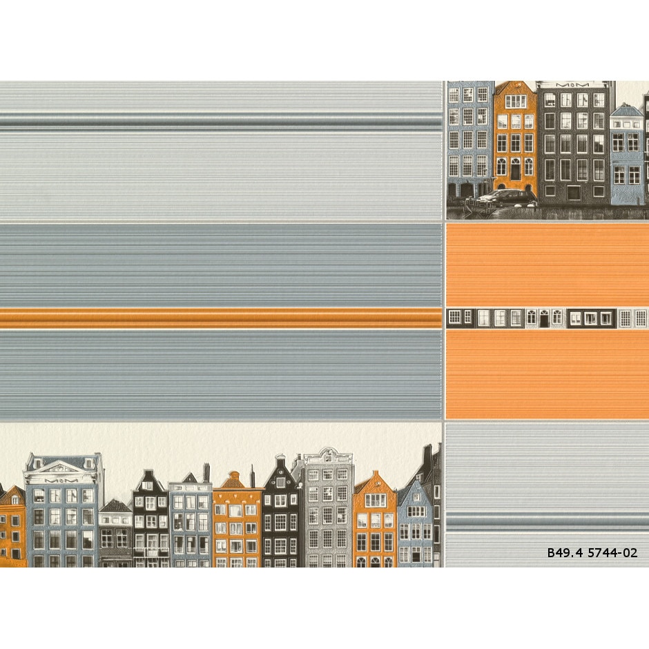 Tapet Slavyanski Oboi, Faianta decor casute 5744-02, imitatie faianta cu decor casute, gri-bej, superlavabil, vinil, rezistent la apa, pentru bai si bucatarii, rola 5mp