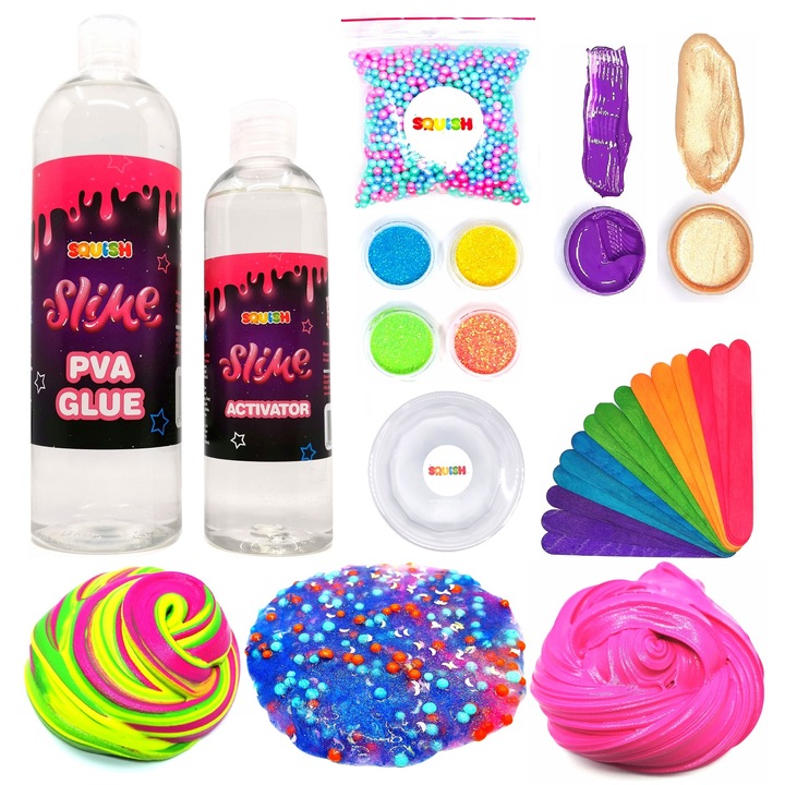 Kit pentru fabricare slime si nisip kinetic Rainbow Starter Box,15 accesorii