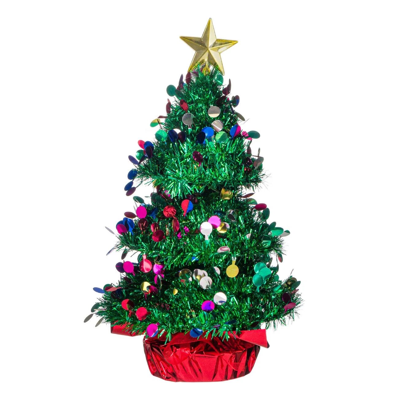 Brad decorativ pentru Craciun, cu confetti, varf steluta aurie, 35 cm
