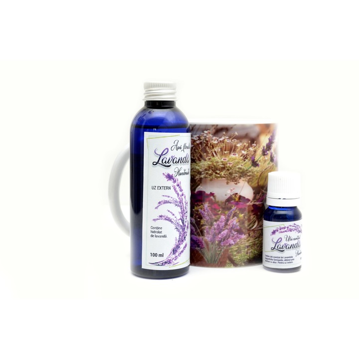 Set ulei esential lavanda 10 ml, apa lavanda 100 ml si cana decor