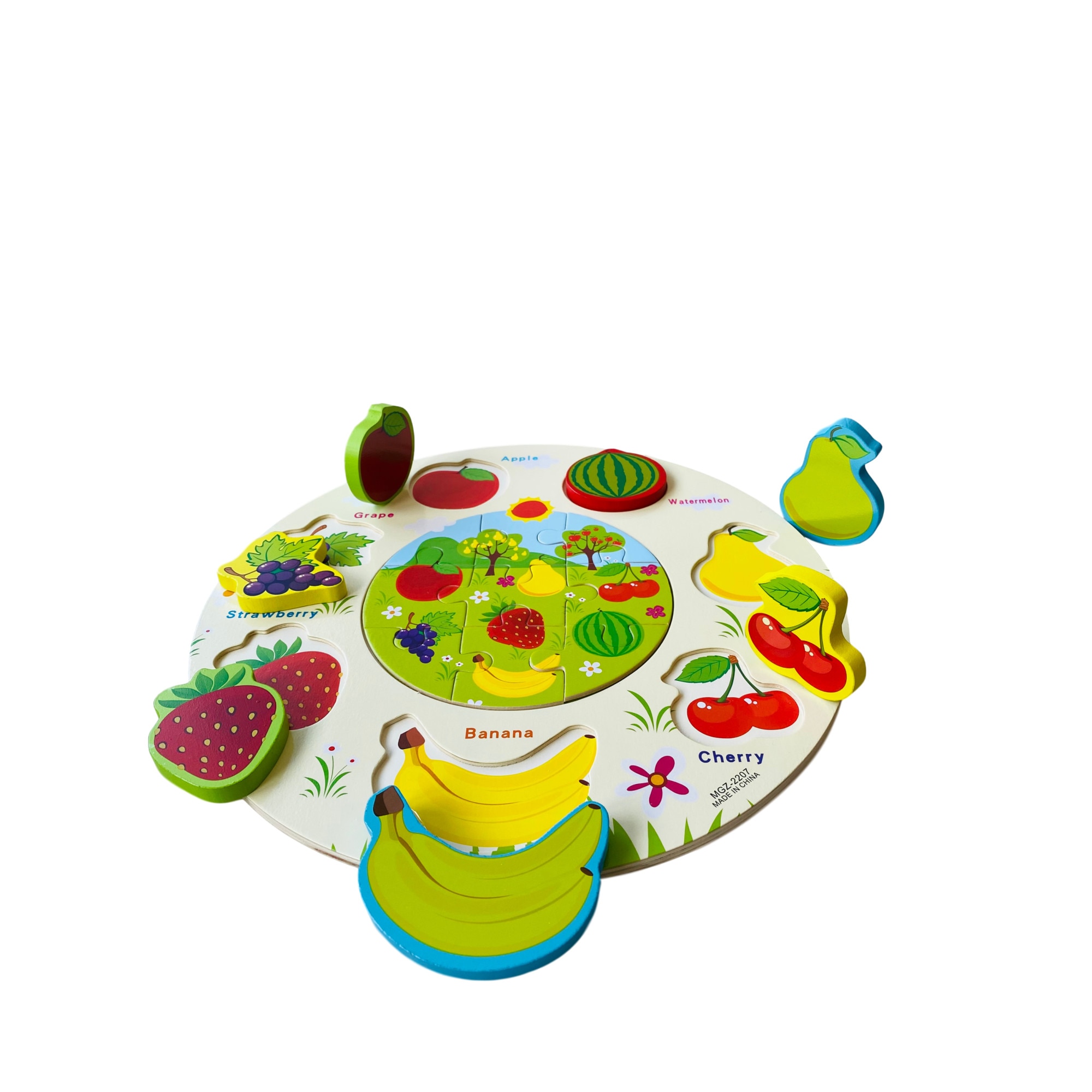 Puzzle incastru 3 D cu fructe, din lemn, 9 piese , Unitoys