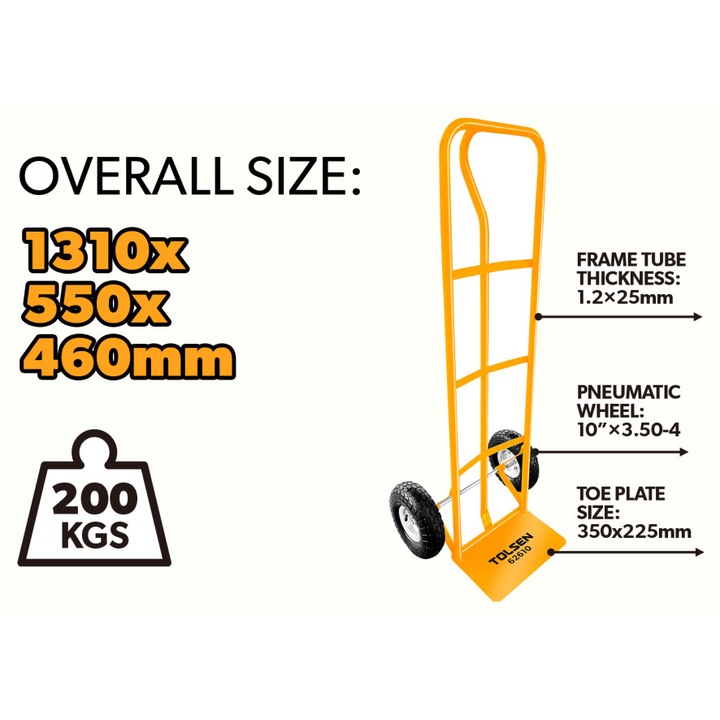 Carucior de mana TOLSEN pentru saci, sarcina maxima 200kg, cadru otel tubular, platforma 350x225mm, roti pneumatice 10"x3.50-4, dimensiuni 1310x550x460mm, ideal pentru transport marfa grea