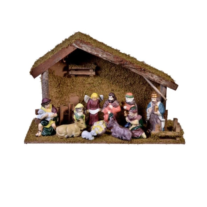 Decoratiune de Craciun, scena Nasterii Domnului cu 11 figurine din portelan, 47 x 17 x 31 cm