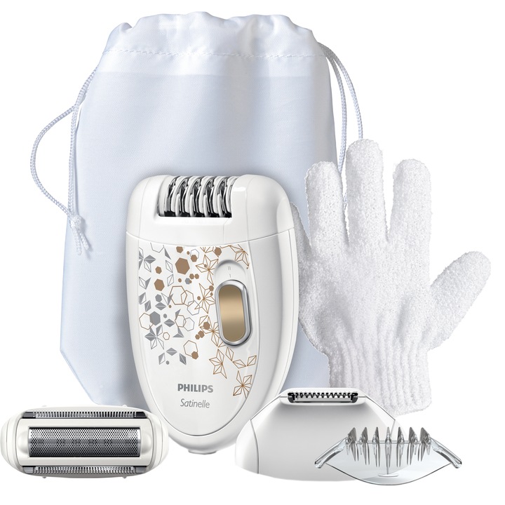 Epilator Philips Satinelle HP6425/01, 3 capete, 2 viteze, 20 pensete, Alb