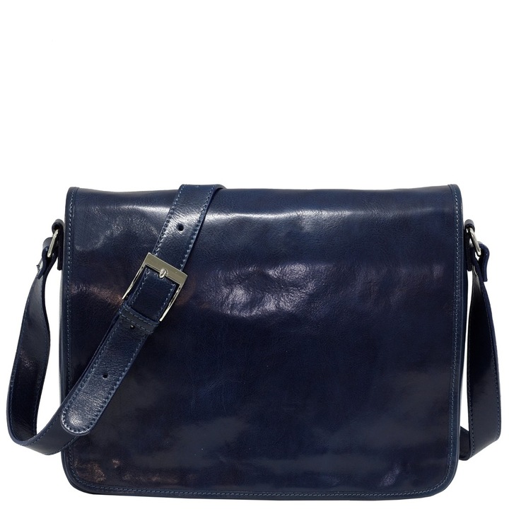 Geanta din piele naturala vachetta, MESSENGER, port laptop 15”, bleumarin, L5544K