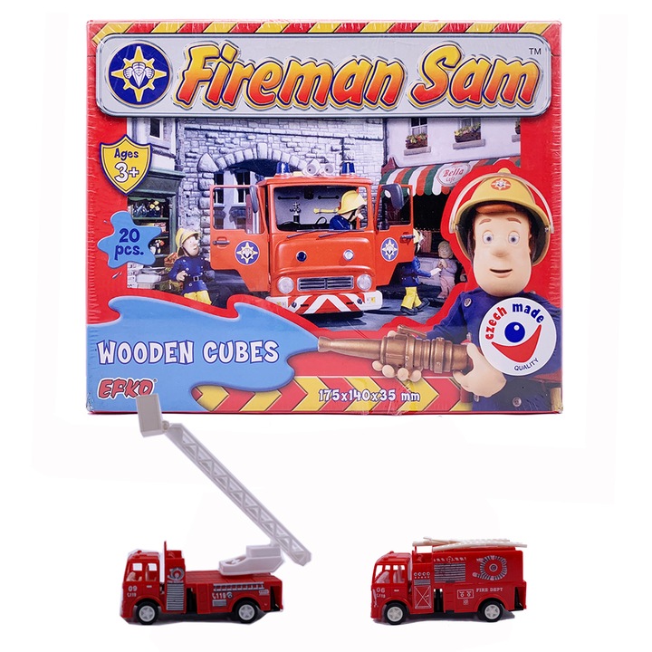 Дървен пъзел Fireman Sam 87720, 6 картинки, 22 части, с 2 мини пожарна кола, 175x140x35mm, Произведено в чехия