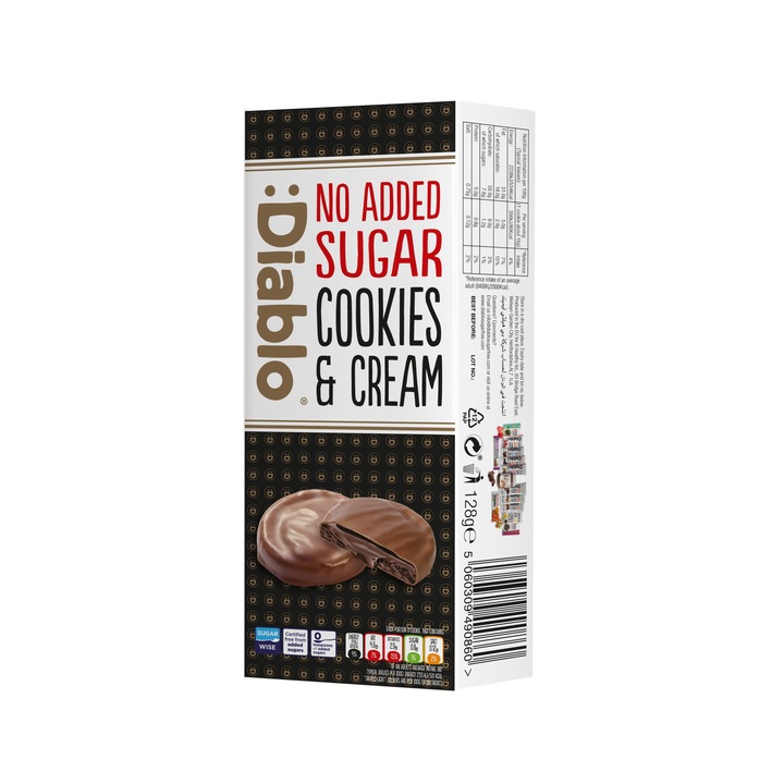 Biscuiti bruni cu crema brownie Diablo, acoperiti cu ciocolata neagra, fara zahar, 128 g