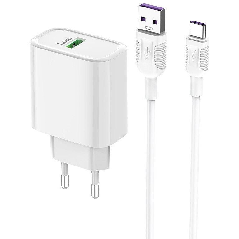 Incarcator retea Hoco C69A, 1xUSB, QC 3.0, 22.5W, super fast, cablu Type-C inclus, Alb