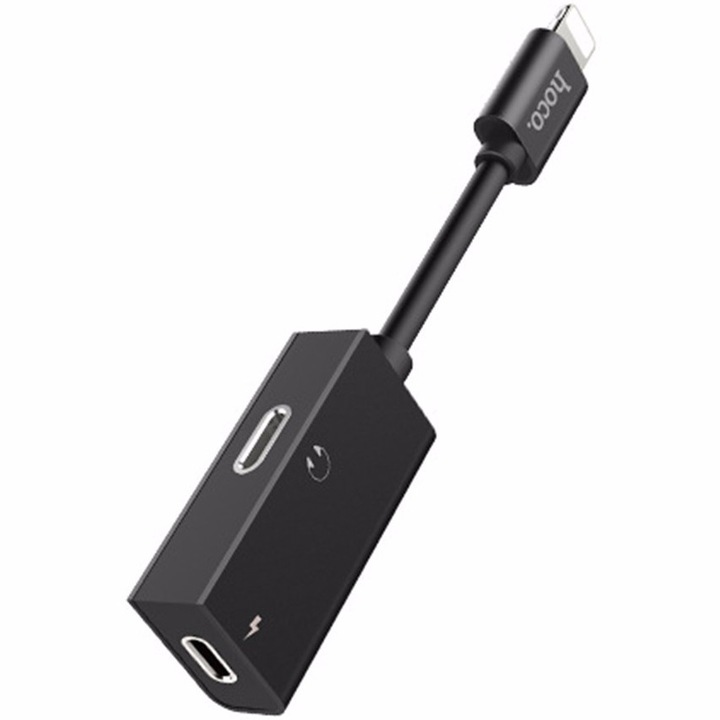 Adaptor audio Hoco LS15, 2x tip lightning, Negru