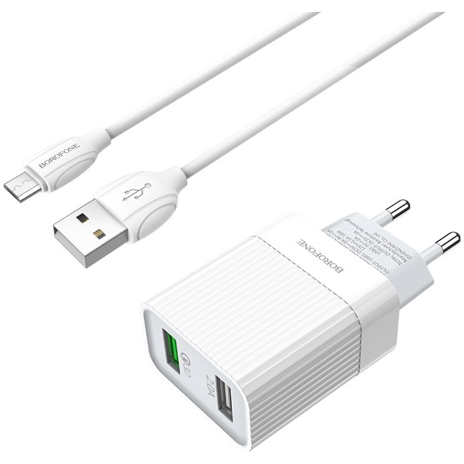 Set Incarcator retea Borofone BA39A, 2xUSB, cablu date Micro USB, 1m, QC 3.0, Alb